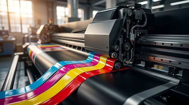 High-tech industrial printer producing vibrant CMYK color print on glossy material