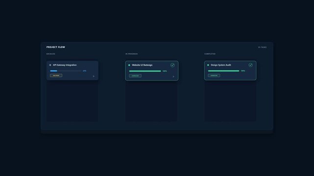 Premium 2.5D compact SaaS Kanban project management board animation featuring precise card hierarchy, workflow conveyor movement, and progress-driven task completion.