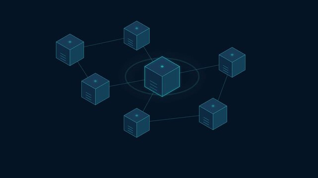 Premium 2D blockchain technology animation featuring connected cube nodes, glowing data packets, distributed ledger visualization, block validation, and synchronized business network data flow.