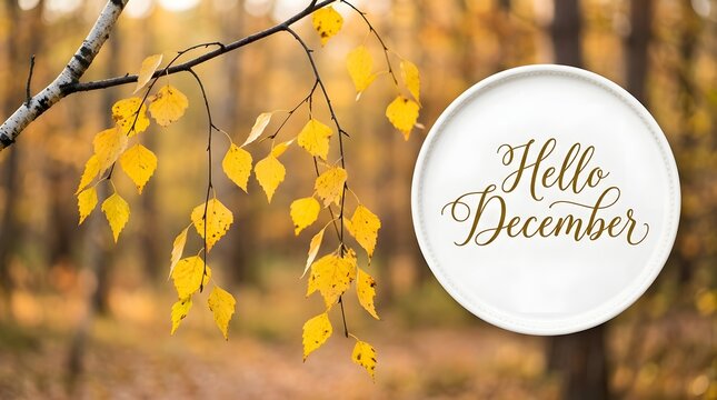 Hello december greeting with yellow birch leaves on a blurred autumn forest background