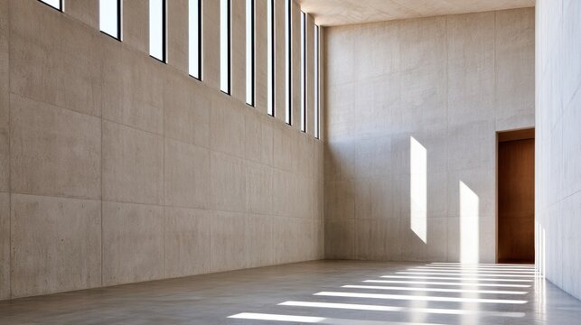 Minimalist concrete interior space with high clerestory windows and diagonal sunlight shadows for design, background, poster and architectural concept