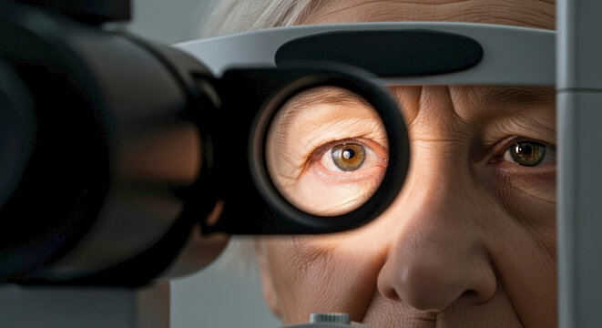 Close up senior vision test shows elderly woman's eye through medical equipment. Professional senior vision test emphasizes importance regular ocular health.