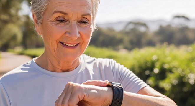 Smiling elderly person with fitness tracker on wrist checking health data during outdoor exercise. Active elderly fitness tracker user monitors daily steps and heart rate for personal well being.