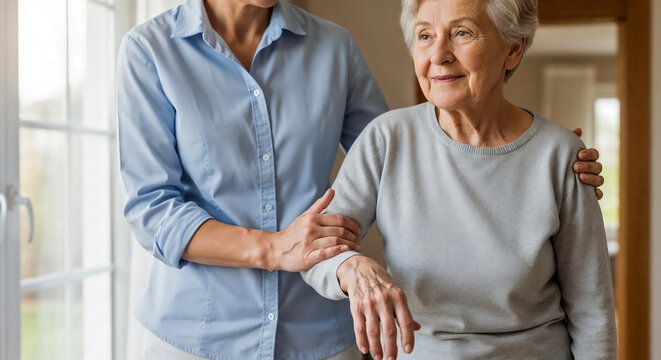 Caregiver providing elderly patient support, assisting older woman walk with gentle arm around shoulder. Elderly patient support includes compassionate help from professional assistant