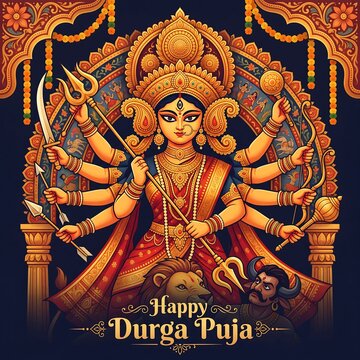 Illustration of the hindu goddess durga with many arms holding weapons while riding a lion during durga puja