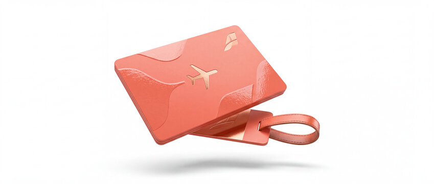Passport holder and luggage tag mockup floating above white background with coral leather texture and debossed airplane icon for luxury airline travel branding presentation