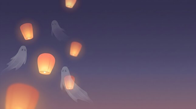 Cute Ghosts and Glowing Lanterns Halloween Background