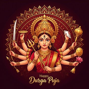 Illustration of the goddess durga with ten arms holding various weapons and symbols for durga puja festival