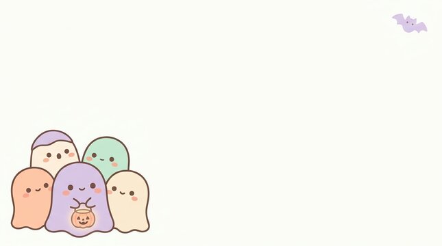 Halloween cute ghost characters background. Pastel spooky spirits with pumpkin bucket. Festive
