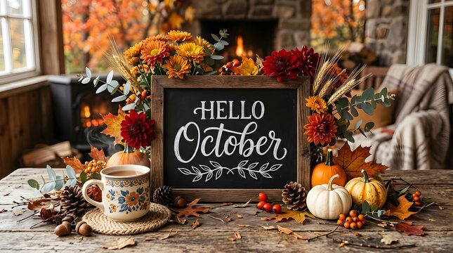 Rustic hello october chalkboard sign displayed on a wooden table with a cozy mug, pumpkins, flowers, and autumn decorations by a fireplace