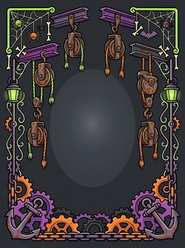 Halloween steampunk frame with rusty pulleys and gears. Spooky industrial border for seasonal