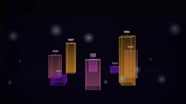 Futuristic 3D bar chart showing financial data visualization with glowing columns on dark background