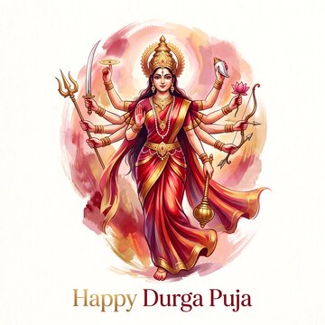 Illustration of a multi armed goddess holding weapons and symbols with text for durga puja celebration