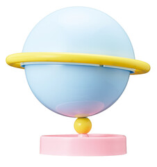 Pastel colored Saturn planet figurine with ring and stand in blue pink and yellow on white background © sawa