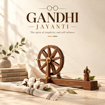 Wooden spinning wheel charkha on rustic table with books and cotton vintage spindle traditional craft cotton bolls handcraft tool textile history simple living textile production