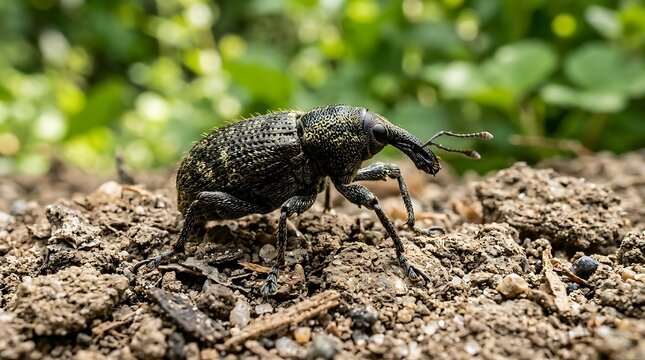 A small weevil rests on textured dry soil with a blurred green background
