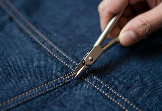 A hand using a seam ripper to remove a stitch from denim fabric, macro