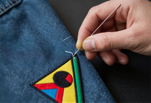 A hand using a needle to stitch a patch onto a denim jacket, macro