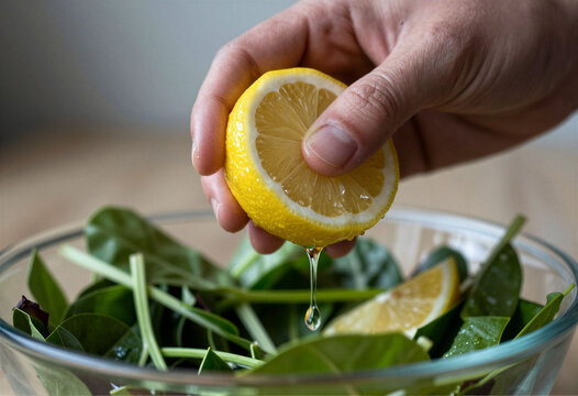 A hand squeezing a fresh lemon wedge over a salad, macro, food prep
