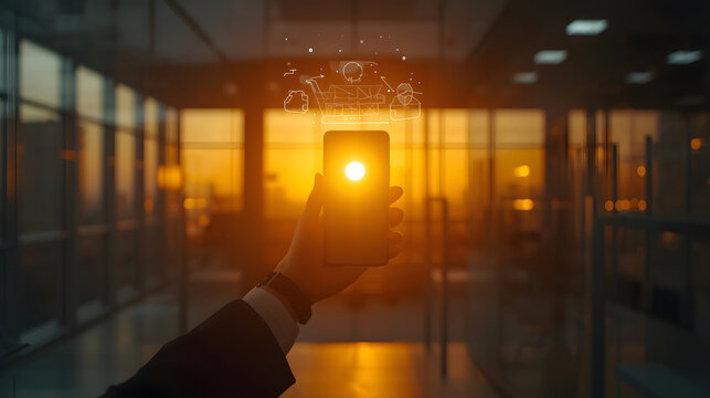 Future Visionary: A hand holding a smartphone projects a futuristic holographic network into the warm glow of sunset, symbolizing technological advancement and connection in a modern setting.