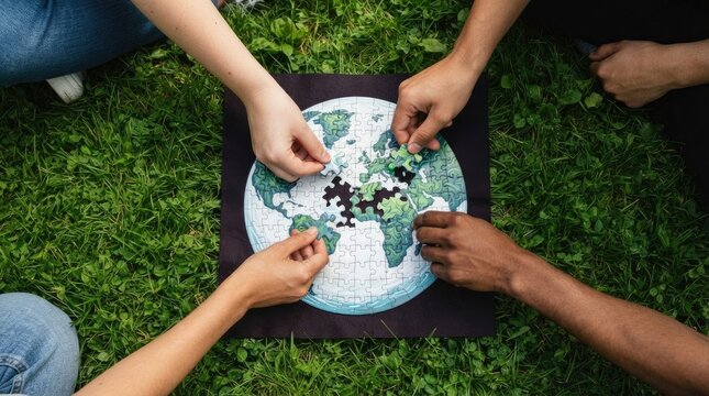 Four people collaboratively assemble a jigsaw puzzle depicting a world map on a grassy lawn. They are working together, carefully placing puzzle pieces to complete the image.