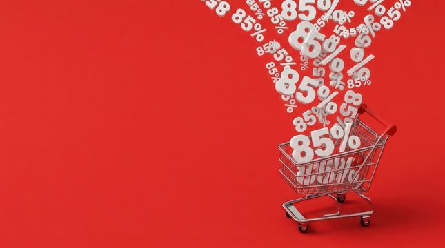 Shopping Cart with Falling 85 Percent Symbols on Red Background