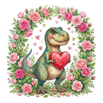 Cute cartoon trex dinosaur holding a red heart surrounded by a beautiful floral wreath, isolated on transparent background