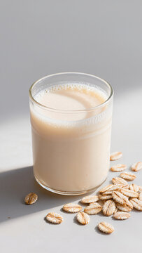Glass of creamy oat milk with rolled oats scattered on a bright white surface, dairy free plant based milk alternative concept with vertical copy space for text