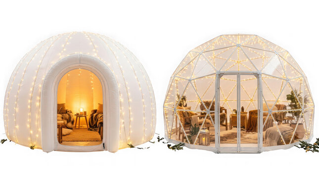 Two modern dome structures with string lights, one inflatable and one geodesic, isolated on transparent background