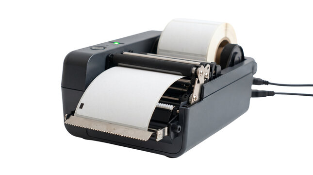 Industrial thermal label printer with paper roll, professional barcode sticker machine, desktop shipping label maker for logistics isolated PNG with Transparent Background
