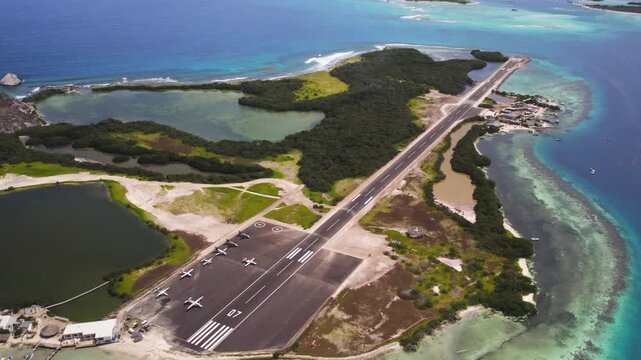 Aerial view of Los Roques airport in the Caribbean, Venezuela.
