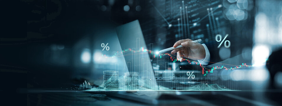 Business analyst engages with Ai technology with digital graphs and Data Management System of finances and business growth, Calculating investment, Stock market and banking with metrics connected