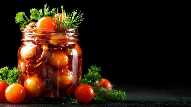 A jar of colorful, pickled vegetables showcases an appealing mix of textures and colors, capturing the essence of homemade delicacies and culinary creativity.
