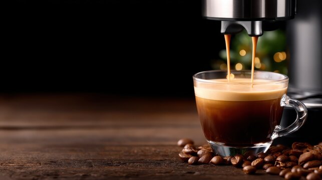 A captivating image of espresso being poured into a glass, surrounded by coffee beans, evoking the warmth and richness of a perfect coffee experience.