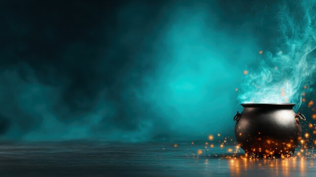 This captivating black cauldron emits enchanting steam and sparks, creating a magical atmosphere that evokes curiosity and mystery, perfect for Halloween or storytelling themes.