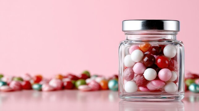 A clear glass jar filled with colorful candies, presented against a soft pink background, evoking feelings of nostalgia and sweet childhood memories.