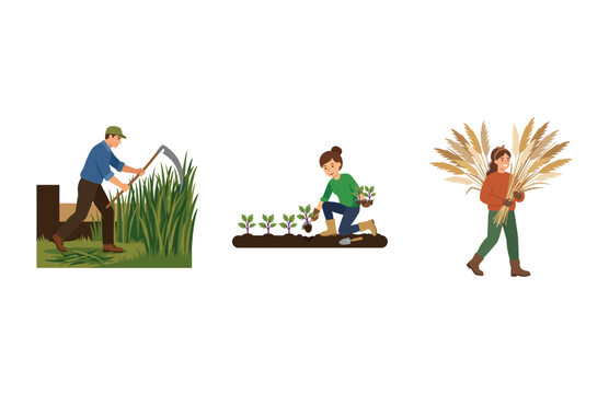 Vector Illustration Set of Farmers Planting Crops Harvesting Wheat and Mowing Grass in the Field