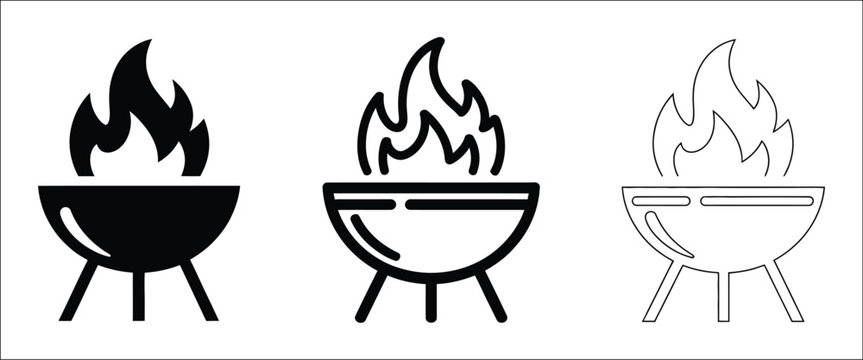 Fire pit icon set, bonfire brazier barbecue symbols in outline and solid styles, outdoor camping fire, grilling and heating vector illustration