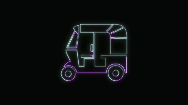  Auto Rickshaw Icon Neon Seamless Loop 4K with Black Background Animated Promotional Typography for Video Editing
