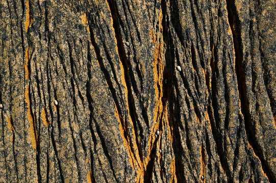 A granite rock furrow formation on the Atlantic coast, with grooves and crevices carved out by the waves and seawater, weathered and eroded.