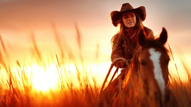 A determined cowgirl rides her horse through tall grass, illuminated by a beautiful sunset, showcasing a vibrant connection between human and nature in a rural setting.