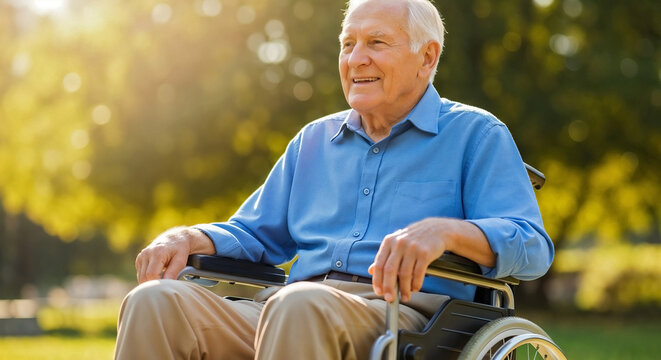 Elderly Man Smiling in Wheelchair Outdoors in Sunlit Park for Senior Care Blogs, Accessible Living Resources, Positive Aging Support, and Disability Awareness