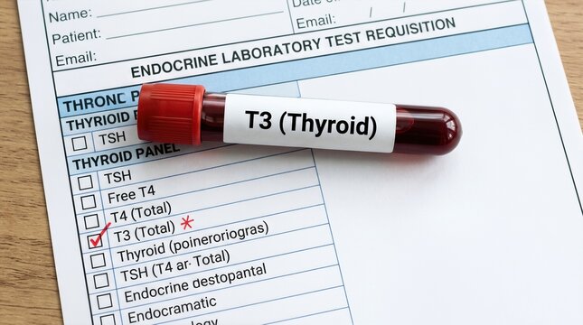 Blood test requisition form for thyroid panel with labeled vial of T3 (Total) blood sample placed on top of the document, highlighting endocrine laboratory testing