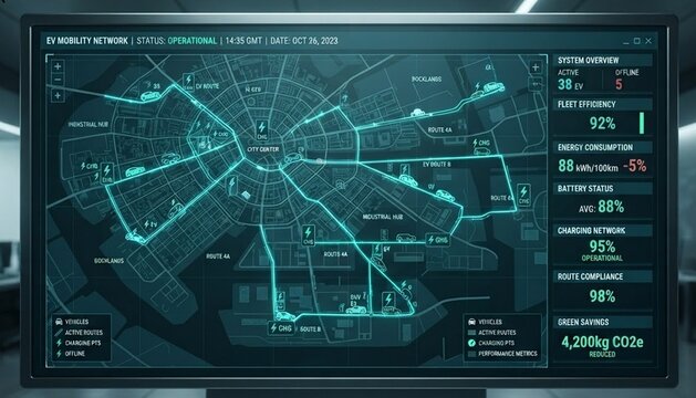 Futuristic electric vehicle mobility network digital dashboard displaying smart city map.