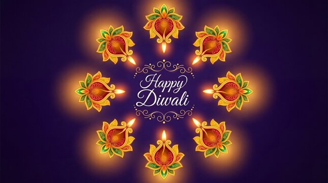 Decorative Lantern Diya top view for festival of lights, joy, happiness Deepavali, arranged in the form of Mandala like Rangoli with Happy Diwali greetings wishes for your beloved ... See More