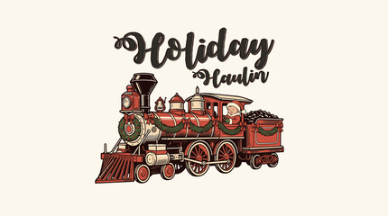 Festive vintage Christmas steam locomotive with Holiday Haulin text, retro vector graphic illustration for t-shirt design and holiday apparel. © brutalism studio