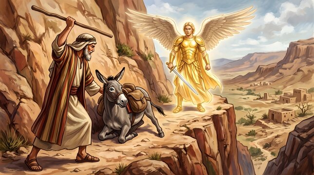 Balaam with his donkey encountering a glowing angel on a desert mountain path