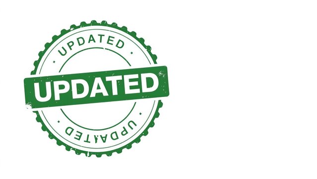 Updated green rubber stamp icon, circular grunge seal with text, vintage style revision mark for business documents and software updates