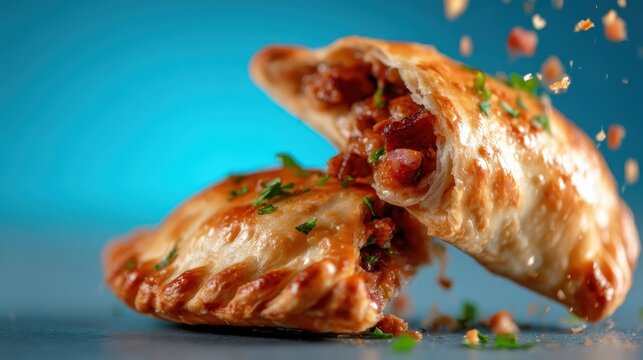 A tantalizing display of golden-brown empanadas, showcasing their crispy crust and savory filling, presenting an alluring snack for gatherings or personal indulgence.