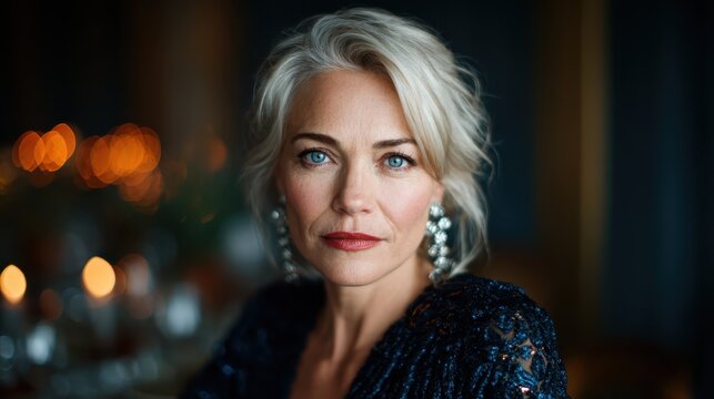 A captivating portrait of a stylish woman exuding confidence and elegance, beautifully capturing her features against a softly lit background filled with warm glow.
